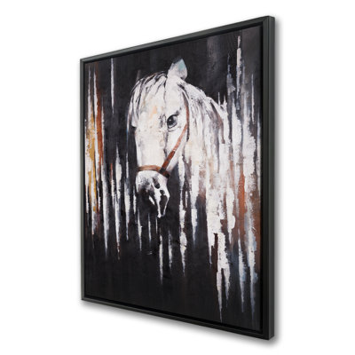 White horse in the dark - Western white framed canvas decor