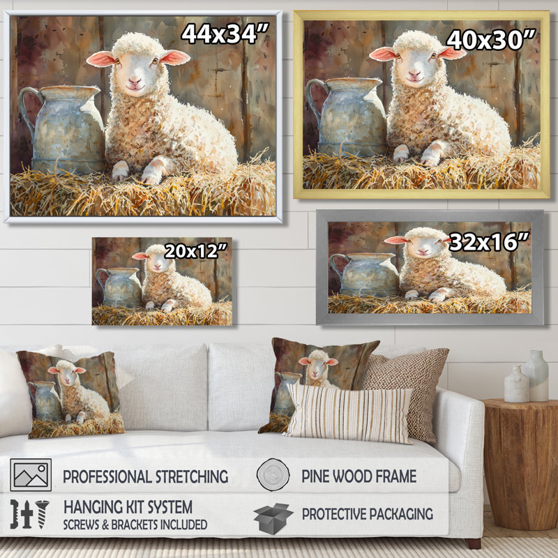 Portrait d'un bébé mouton à la grange - Art mural pour le salon, H 34 po x l 44 po, Noir, noir, noir, noir