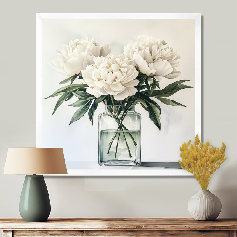 Mimalisme pivoines dans un vase en verre II - pivoines grand art mural, Reproduction encadrée d'une seule photo, Blanc