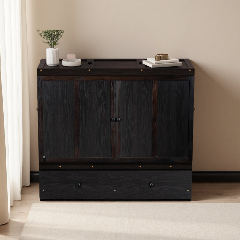 Lit escamotable avec port USB et grand tiroir, Noir, Lit double
