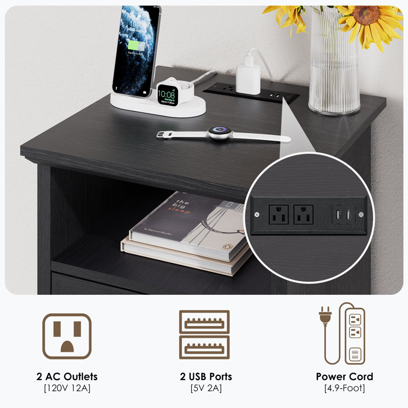 Kadric 17.7'' W Farmhouse Nightstand With Built-in Outlets, 2 Drawers and Open Shelf, Black