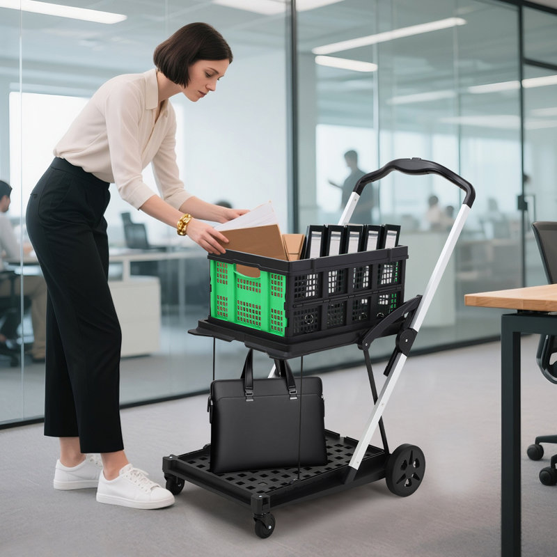 2 Tier Collapsible Shopping Cart On Wheels, Portable Folding Grocery Cart with Removable Crate, Green