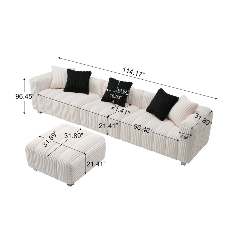 Canapé à trois places confortable et durable en velours côtelé avec structure en bois robuste et repose-pieds polyvalent pour la maison, le bureau et les espaces de détente