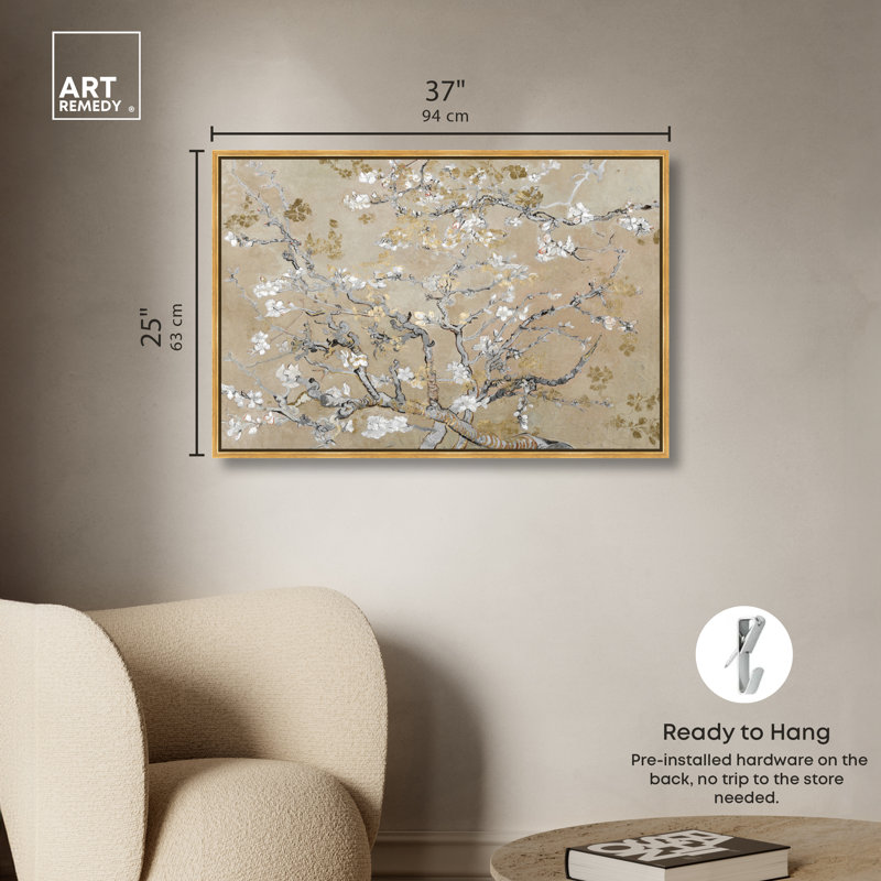 Van Gogh in Gold Blossoms Inspiration - Art encadré sur toile pour salon, Toile avec cadre flottant, H 24 po x l 36 po, Doré