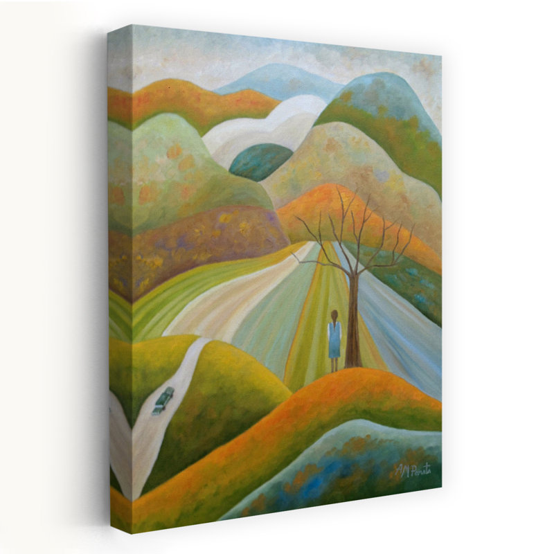 «A Girl's Autumn Journey», art mural coloré, paysage rustique paisible, H 36 po x l 24 po