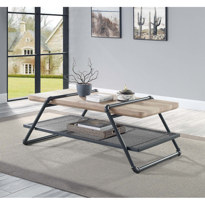 Brantley 47'' Oak and Gray Industrial Coffee Table with Metal Mesh Shelf