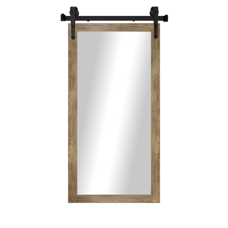 Miroir rustique moderne avec rail de porte de grange en acier, 66 x 33, Brun