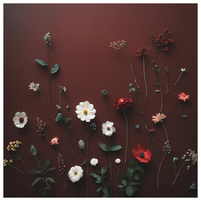 Assorted Wildflowers On Red Comforter, Queen