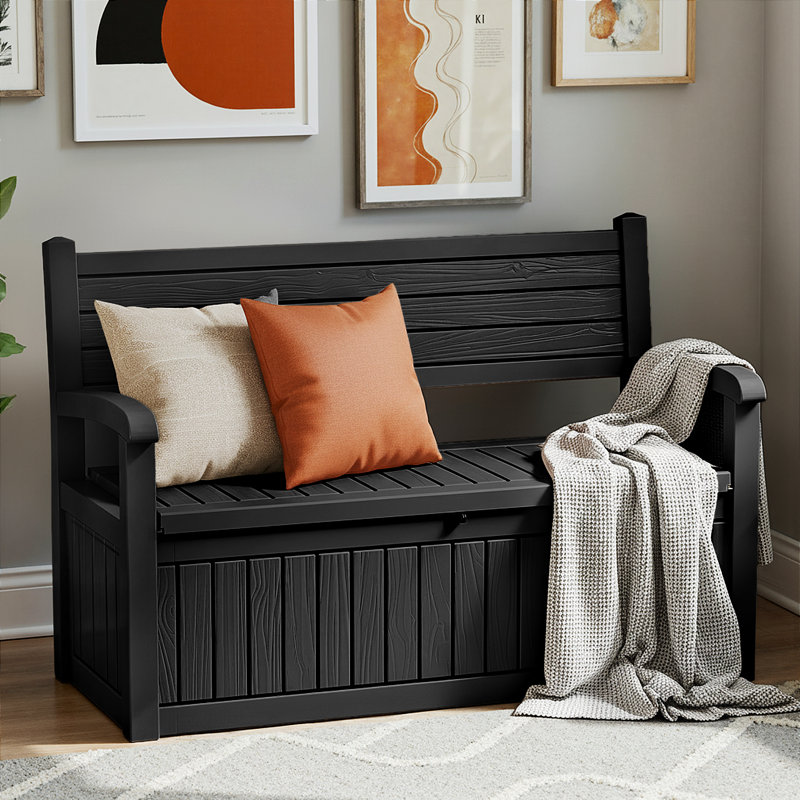 70 Gallon Storage Bench Durable Sturdy Resin Outdoor Storage Deck Box For Furniture And Supplies (Black), Black