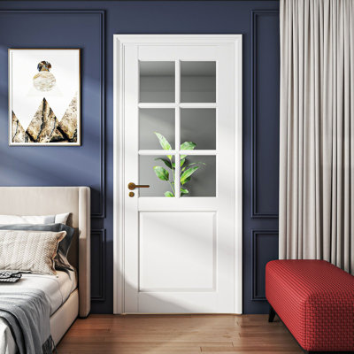 32'' x 96'' 6-Lite French Interior Doors, Clear Glass Slab Door for French/Pocket Doors, Solid Core Interior Glass Door for Bedroom/Closet/Pantry, w/o Hardware Kit, Prehung Jamb or Borehole, White