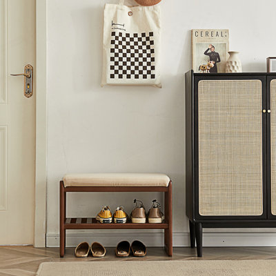 Banc à chaussures en bois massif avec support de rangement et coussin pour l'entrée - Noyer