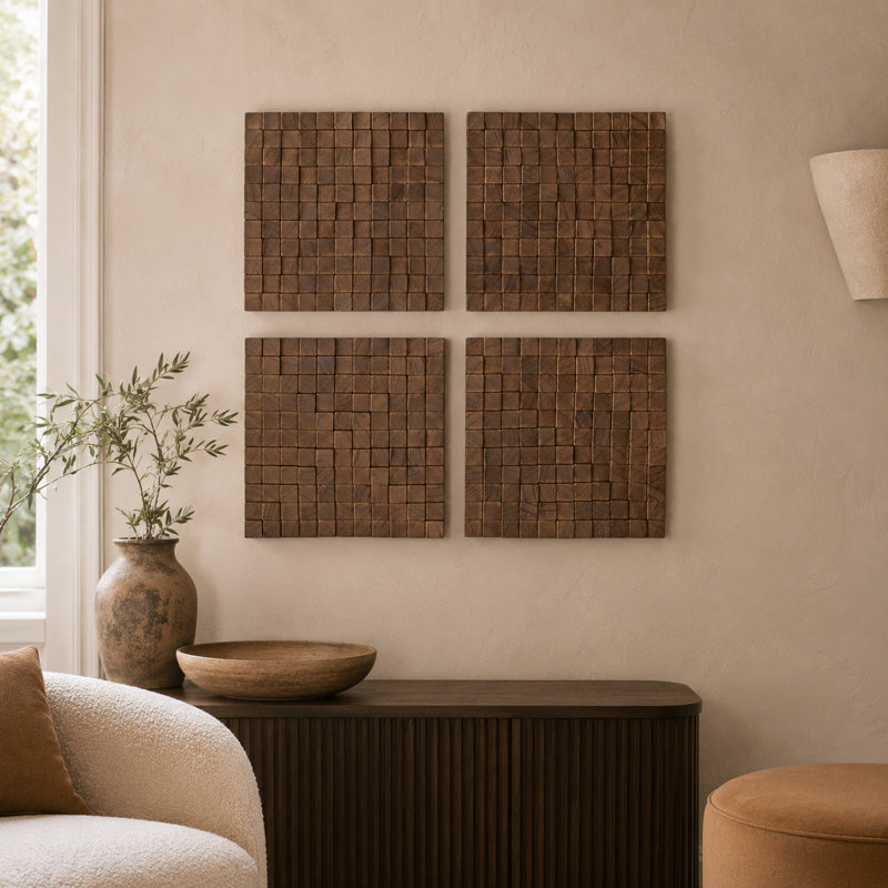 Cole et gris en bois fait à la main cube 3D inspiré géométrique maison brune ensemble de décoration murale avec grille