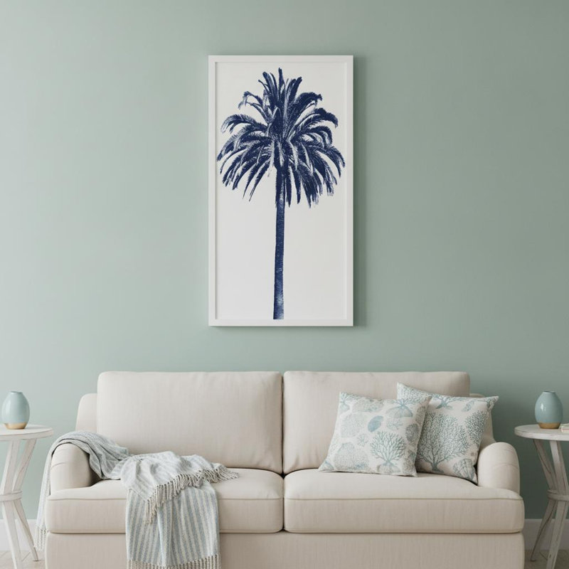 Palmier bleu III, art mural encadré blanc