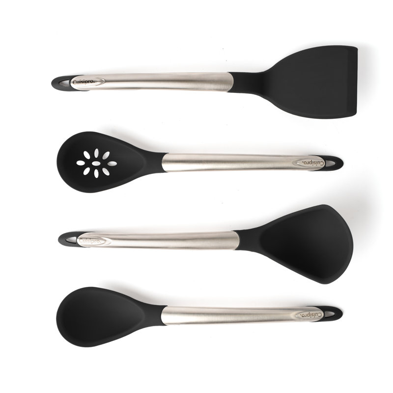Cuisipro 4 Piece Utensil Set, Black, Heat and Stain Resistant, Spoon, Ladle, Slotted Spoon and Turner, Black