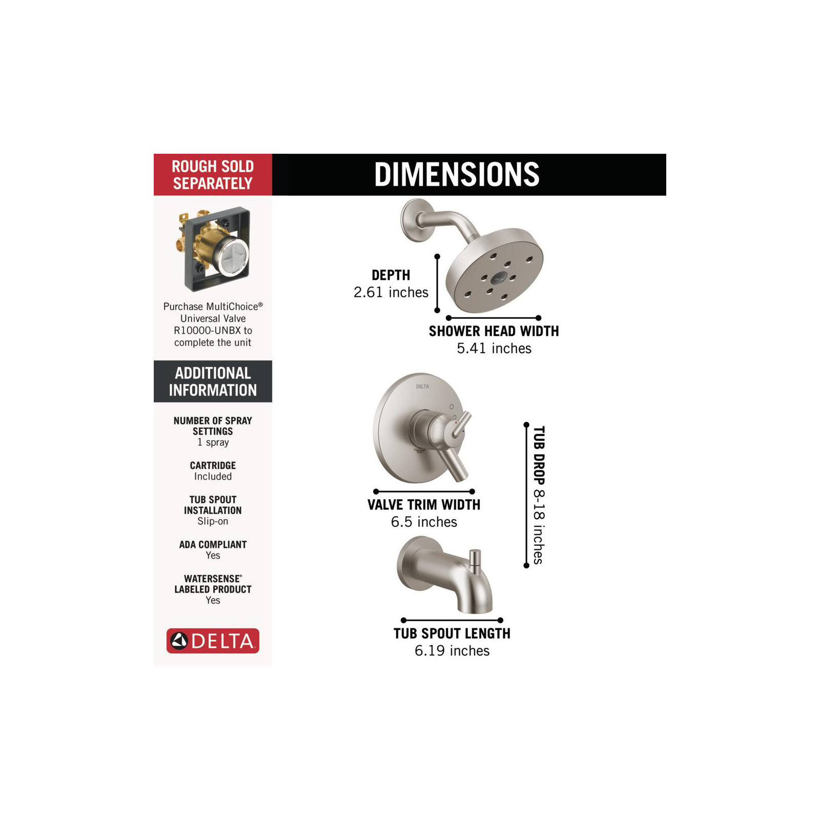 Trinsic 17 Series Dual-Function Tub Shower Faucet Set, H20kinetic Shower Handle Trim Kit, Brushed Nickel