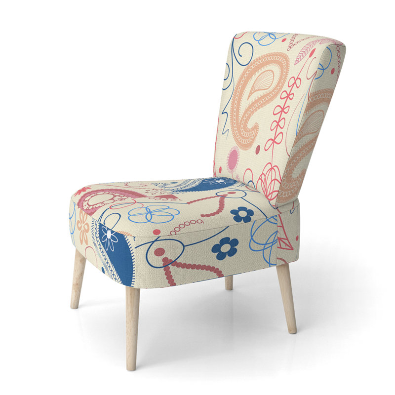 Accent Chair, Beige Floral Pattern Upholstered Decor - Beige Floral Pattern II, Beige/Orange/Blue