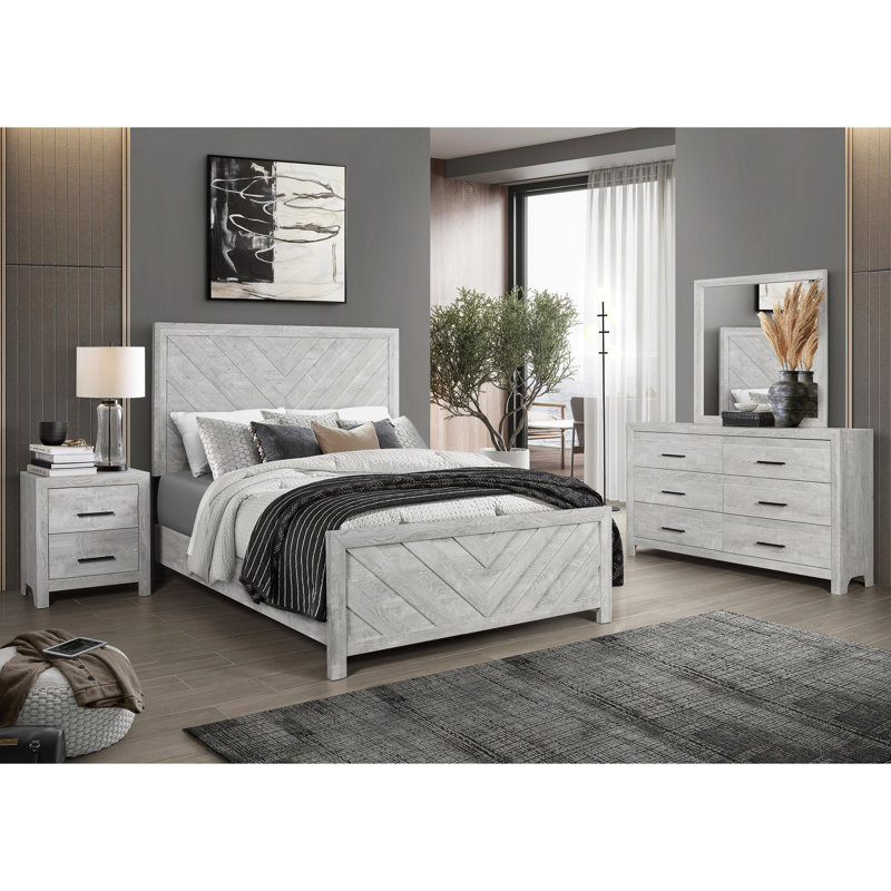 Élégant grand lit gris pour une chambre à coucher confortable - Structure et tête de lit chic en bois massif