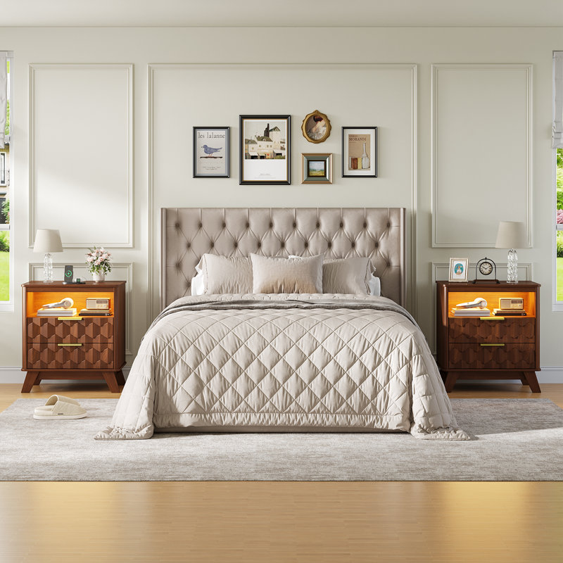 19.7'' W 2-Drawer Nightstand With Built-In Outlets And Human Sensor Light, Brown