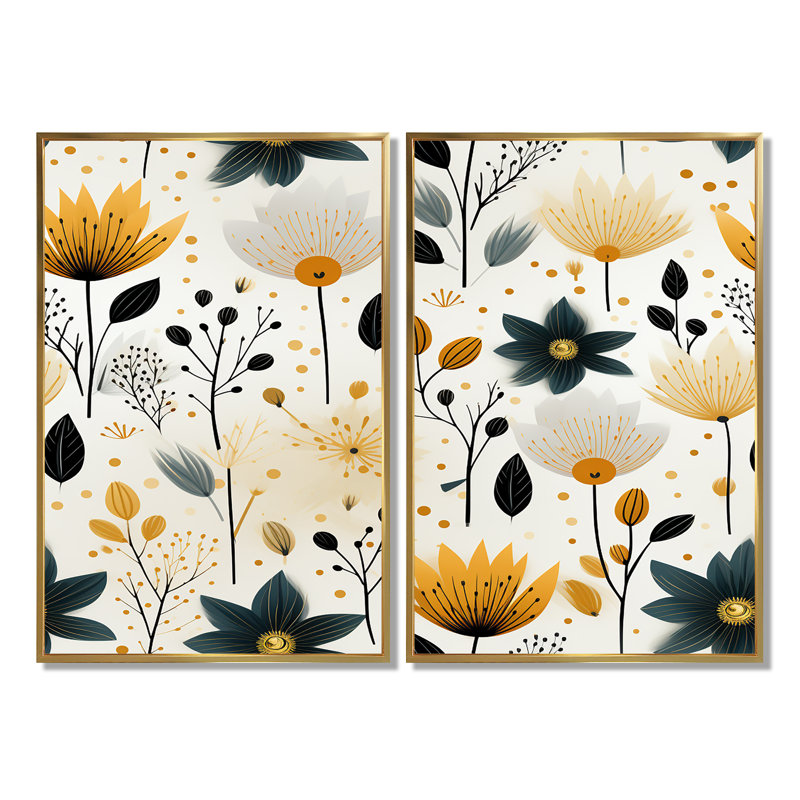 Nordic Yellow Simplicity Floral Grace - Art mural jaune 2 pièces, H 36 po x l 48 po, Reproduction encadrée sans passe-partout