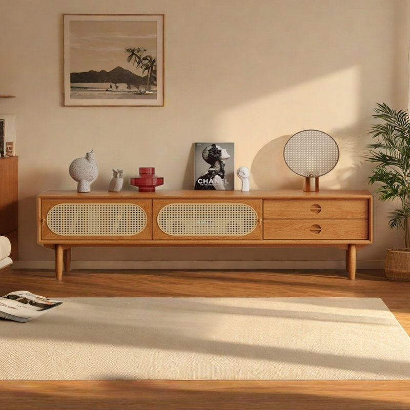 Meuble télé en bois massif et rotin, 82.67"
