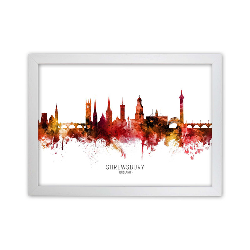 Shrewsbury England Skyline Red City Name by Michael Tompsett - Print, 42cm H x 59.4cm W x 3cm D, White Framed