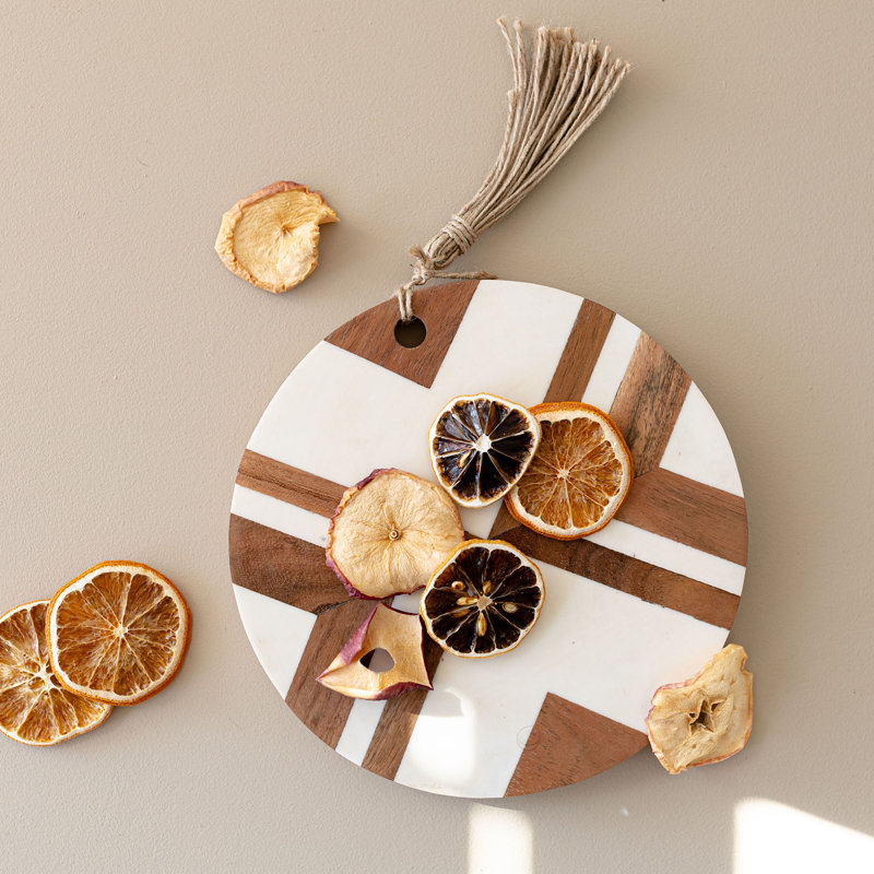 Round White Wood and Resin Cutting Board with Jute Tassel