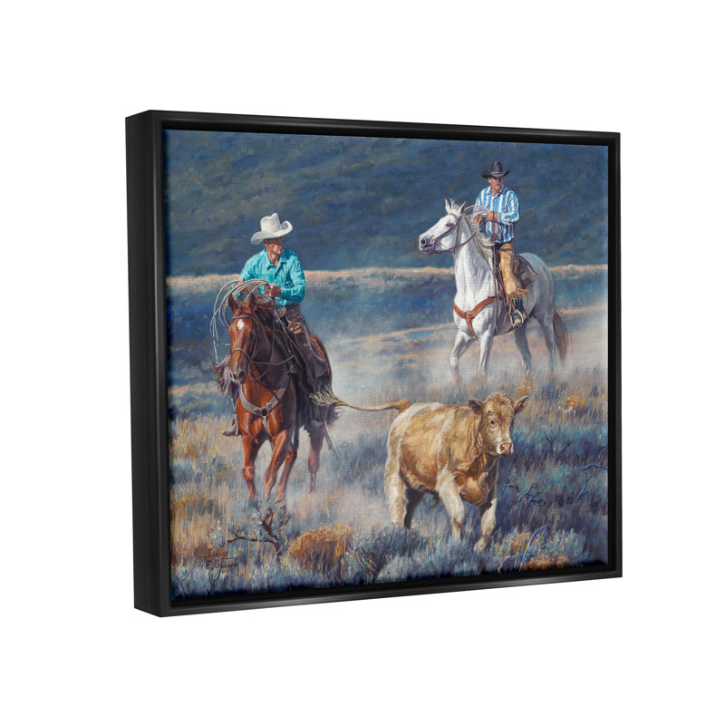 «Union Rustic Cowboys Wrangling Bovins», art mural encadré par David Graham, H 25 po x l 31 po x P 1,7 po