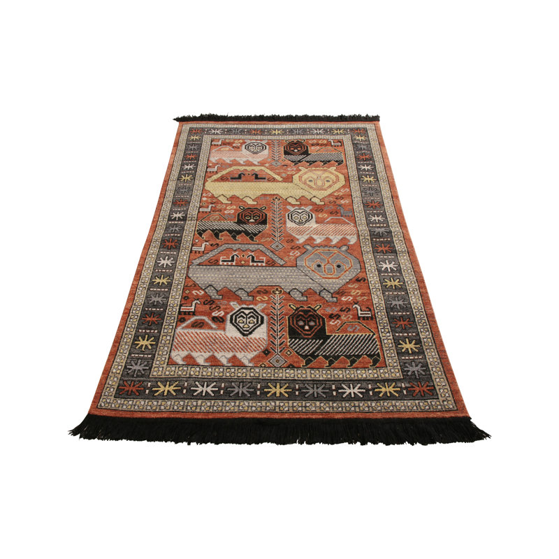 Rug & Kilim’s Classic Pictorial Rug In Red-Pink Geometric Pattern, Rectangle 4' x 5'
