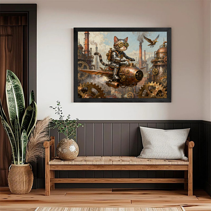 Art de chat et de machines fantaisiste noir encadré noir, impressions d'art industriel rétro encadrées, H 13 po x l 17 po