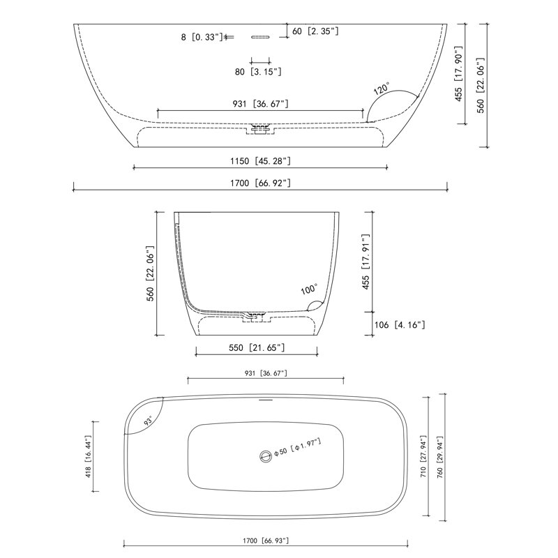 66.93"X 29.94"Solid Surface Bathtub, Freestanding Soaking Bathtub, White