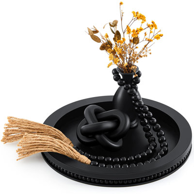 3 pièces décoratives de table basse comprenant un plateau de service en bois noir de 12 po, une chaîne de nœuds en bois Boho et une guirlande de perles en bois avec des glands pour la table basse