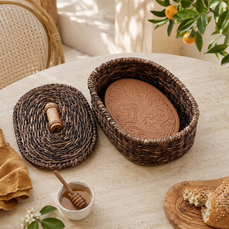 Panier chauffe-pain Éange en abaca tressé à la main avec pierre chauffante en terre cuite, motif à volutes, ovale, marron, avec couvercle