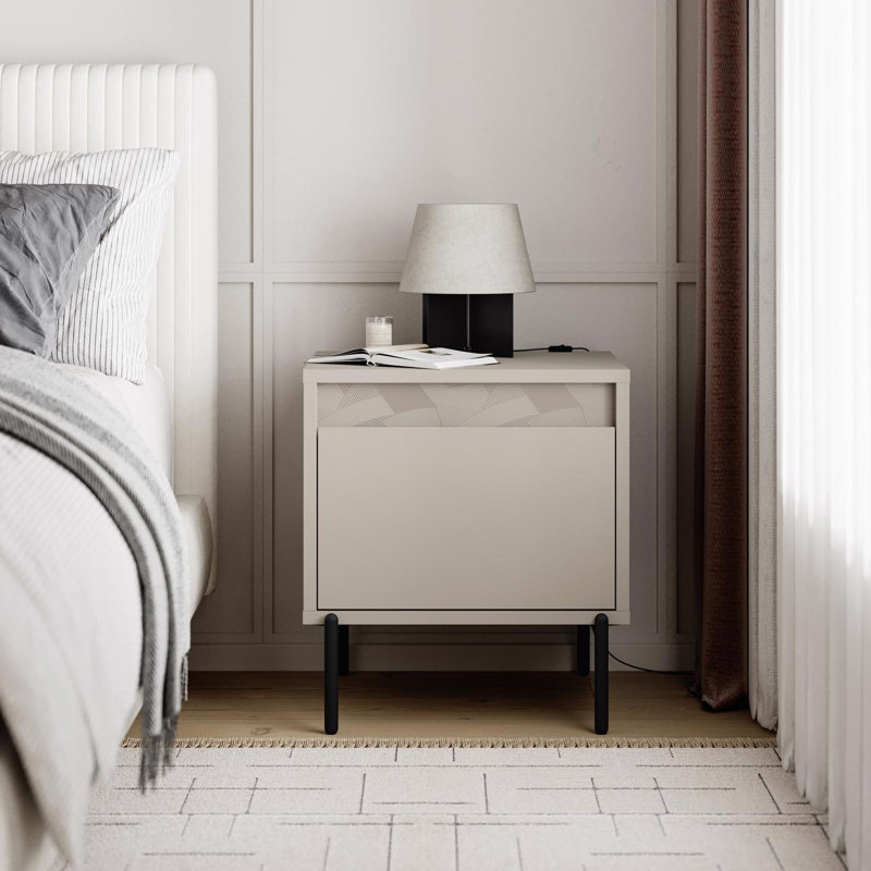 Mott 1 Drawer Nightstand Bedside Cabinet Sandstone with Black Metal Legs