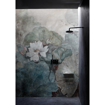 Papier peint mural de lotus turquoise et rose poudré | Papier peint floral nénuphar aquarelle | Intissé ou autocollant