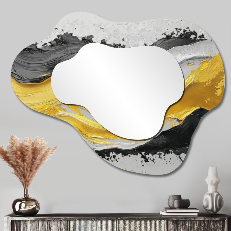 Fugue noire et jaune en couleur I - miroir décoratif néo-expressionniste asymétrique, miroir mural moderne irrégulier, imprimé sur métal