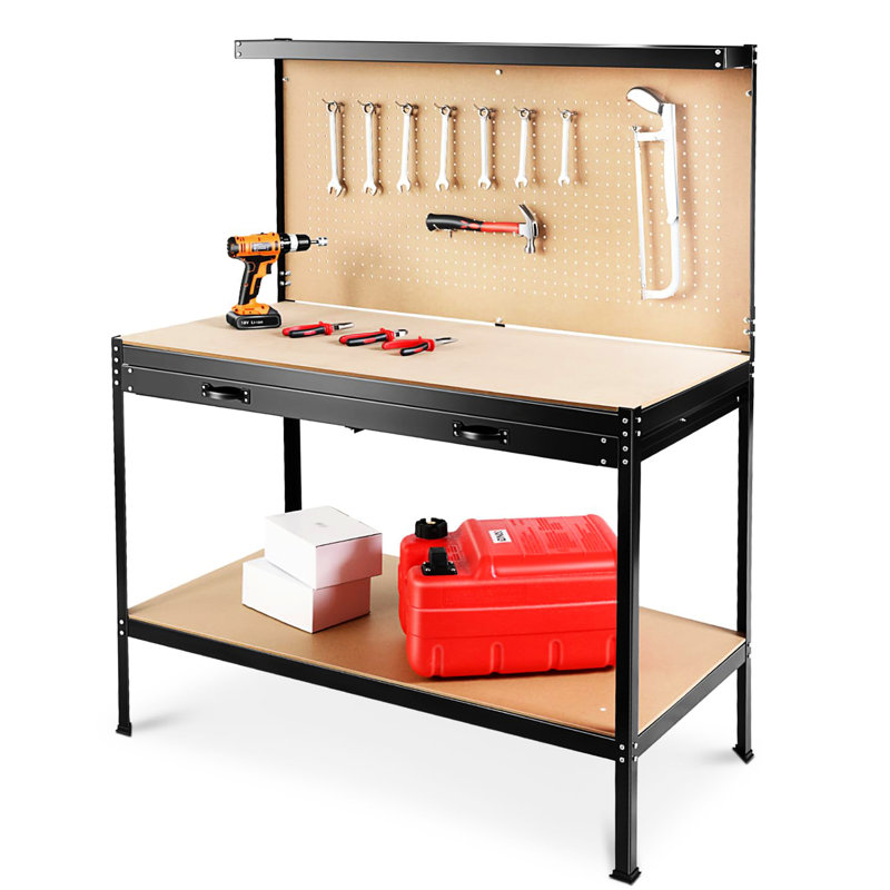 Table d'atelier robuste de 63 po avec tiroirs et banc de travail d'une capacité de 300 lb pour l'acier de garage, imperméable, antirouille
