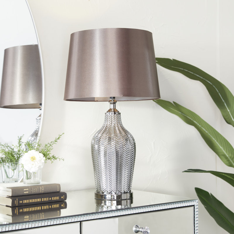 Silver tempered glass table lamp with herringbone pattern