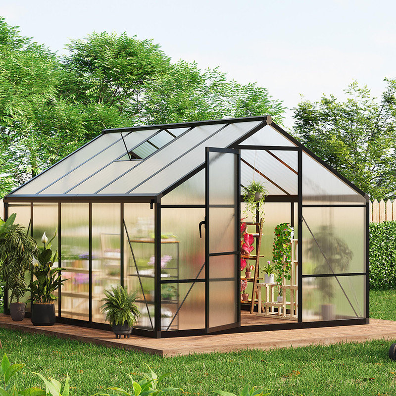 8x10 ft Polycarbonate Greenhouse for Outdoors with Walk-in Design - Heavy Duty Aluminum Frame, Lockable Door, Adjustable Roof Vent, Ground Spikes Included - Ideal for Garden, Patio, Backyard