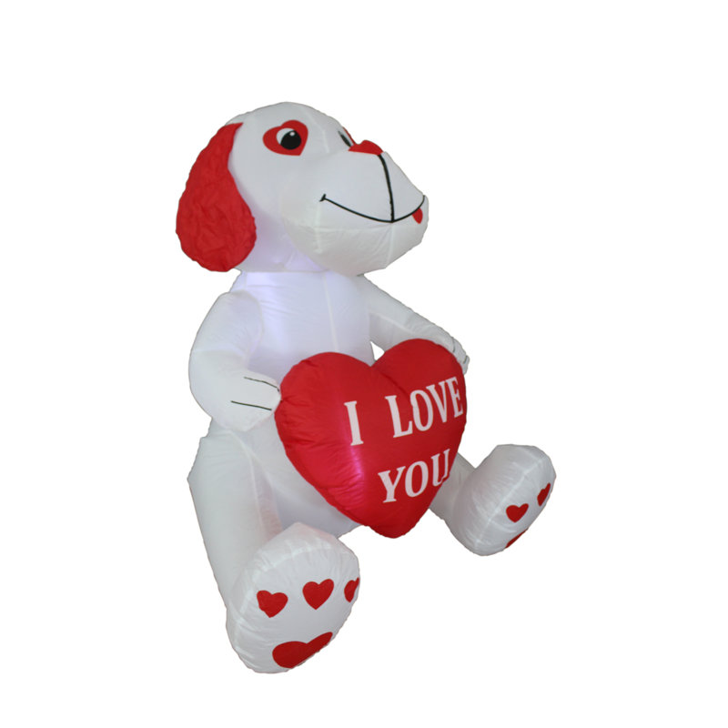 4 Foot Tall White Polyester Inflatable Puppy with Red Heart