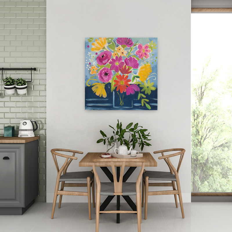 Art contemporain contemporain floral avec bouquets bleus, H 32 po x l 32 po