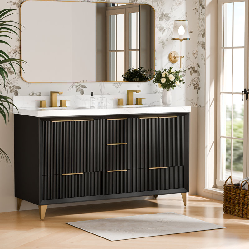 Meuble-lavabo en céramique 60 po avec dosseret, armoire de salle de bain pré-assemblée 60 po, Noir, noir, noir, noir