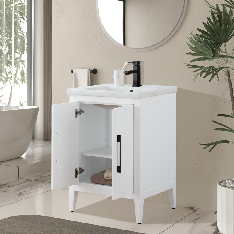 Meuble-lavabo simple 24 po avec plateau en céramique Chambery, Blanc, Noir mat, H 34,25 po x l 24,4 po x P 18,5 po
