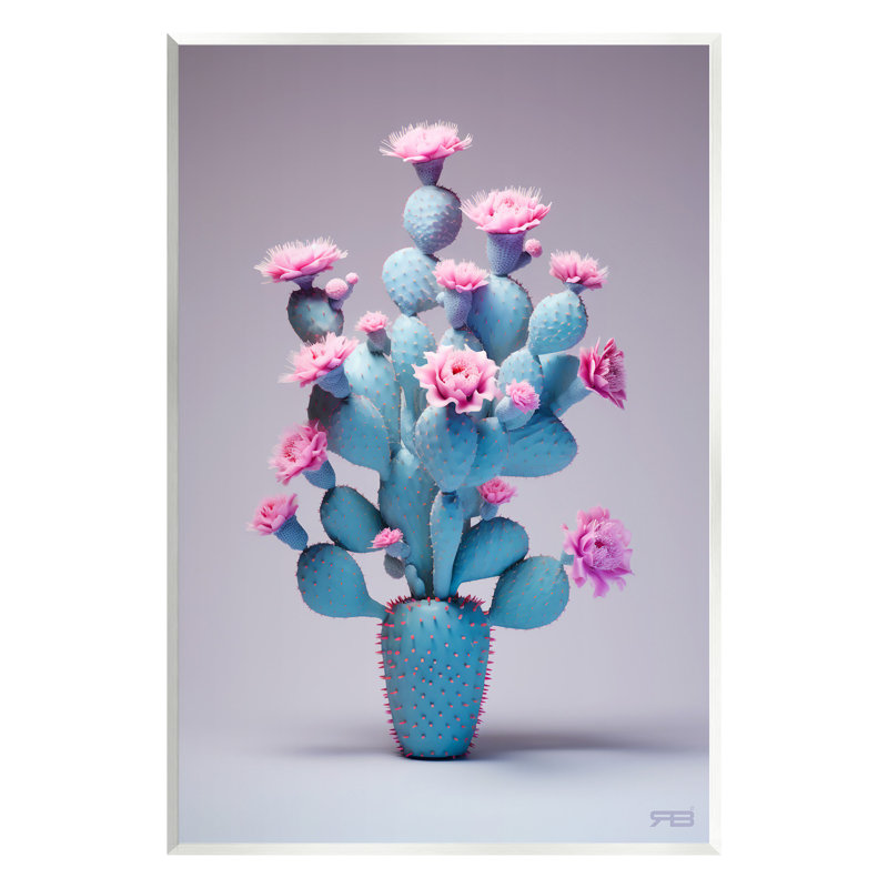 Art mural moderne cactus avec fleurs par RB, H 19 po x l 13 po x P 0,5 po, Bois sans cadre