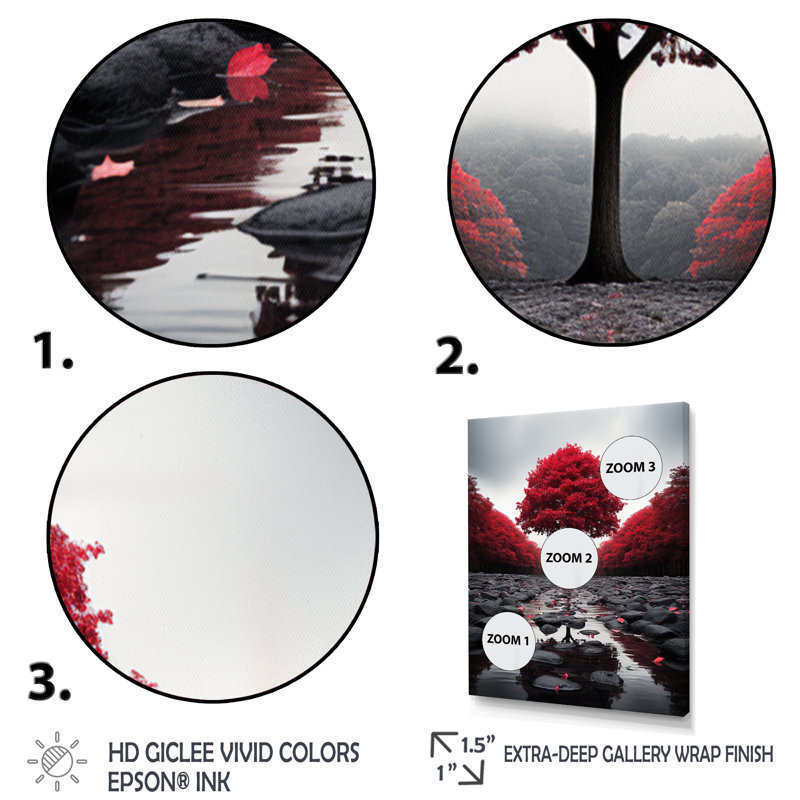 Rouge et gris forêt sérénité - art mural forêt, H 44 po x l 34 po x P 1,5 po, Cadre simple noir