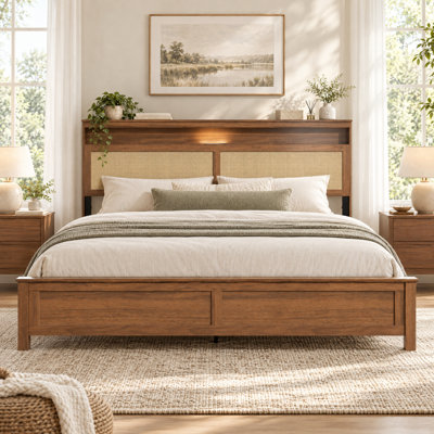 Wood Platform Bed Frame with Rattan Headboard, Storage Shelf and Built-In LED Reading Lights