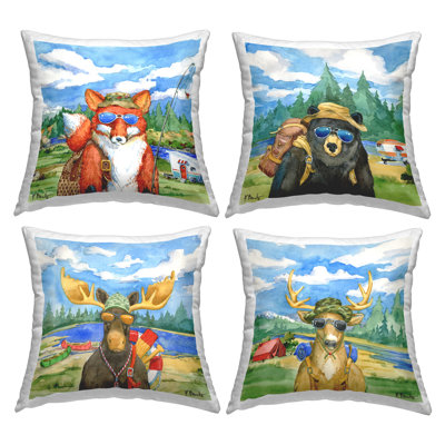 Woodland Animals Camping Fishing Gear Nature Scene Printed Throw Pillow Design By Paul Brent (Set Of 4)