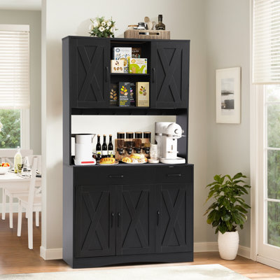 71" Kitchen Pantry Storage Cabinet, Farmhouse Hutch Cabinet With Microwave Stand, Tall Food Pantry Cabinets W/2 Drawers & 6 Hooks, Charging Station, S