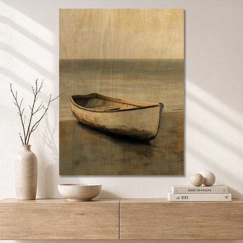 Barque à rames Quiet Harbor I - Décoration murale nautique crème, imprimée sur bois, H 40 po x l 30 po, Rectangulaire