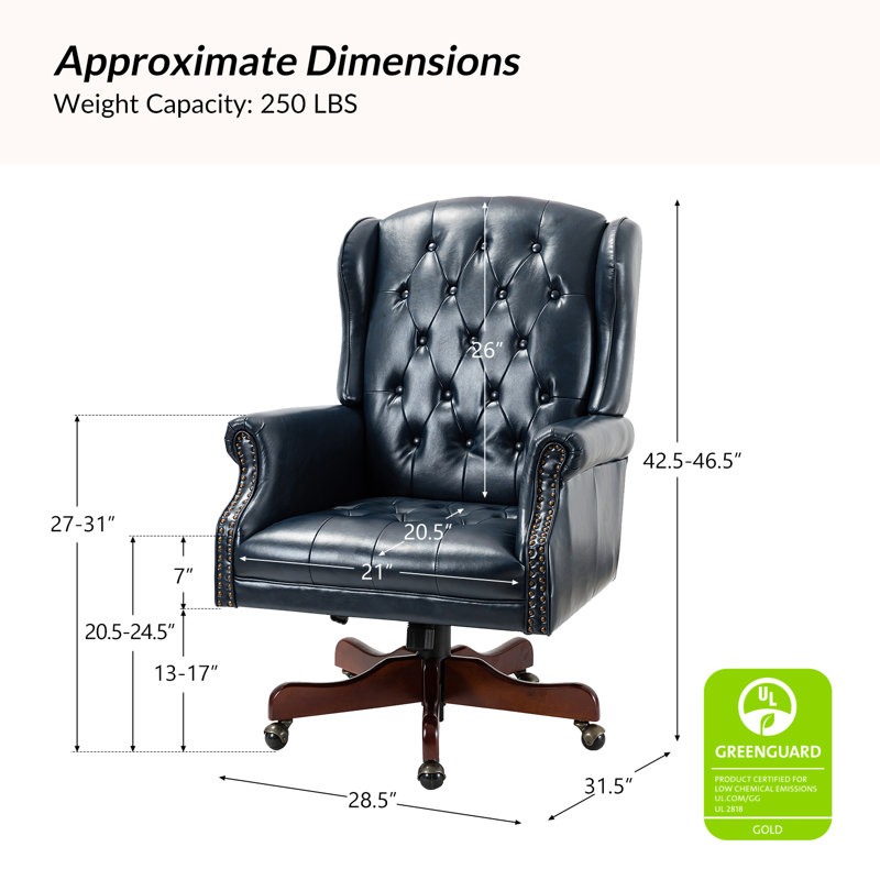 Swain 46.5'' H Traditional  Faux Leather Executive Chair with Solid Wood Base and Tufted Back, Navy Pebbled Faux Leather