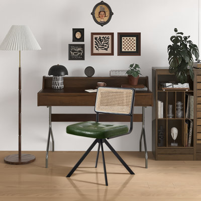 Markwart Mid-Century Modern Swivel Task Chair with Rattan Low Back Tufted Seat and Black Steel Frame by Bay Isle Home
